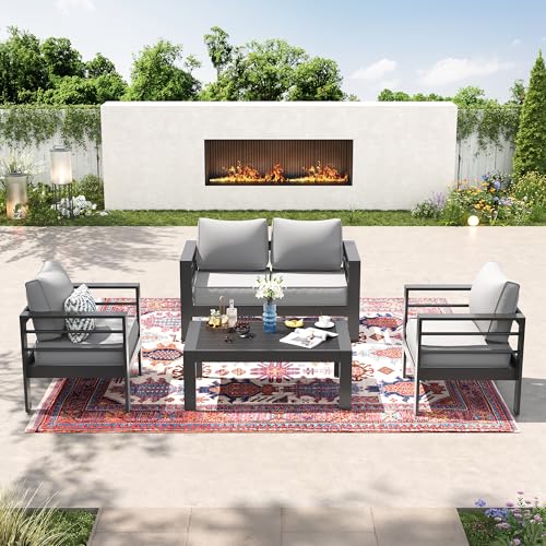 UDPATIO 8 Piece Aluminum Patio Furniture Set, Oversized Modern Outdoor Furniture Set with Olefin Fabric Cushion for Patio Deck Backyard, Dark Grey(with Waterproof Covers)