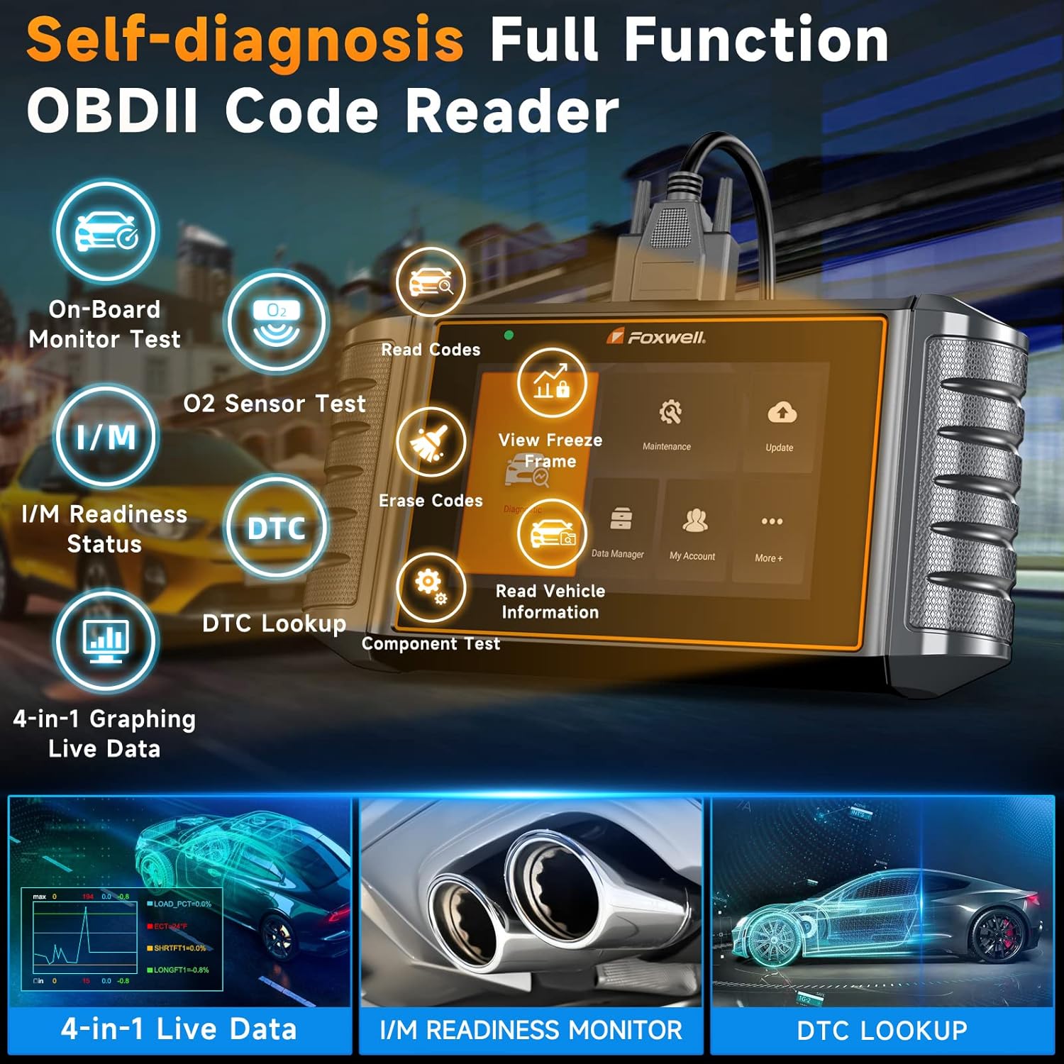 2024 FOXWELL NT716 OBD2 Scanner 9+ Resets Auto Scan Tool ABS SRS Transmission Engine Diagnostic Code Reader Free Update Injector Coding/D-P-F/BMS/ABS Bleeding/Oil Light/EPB/TPMS/SAS/Throttle Relearn