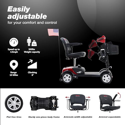 Outdoor Compact Mobility Scooter for Seniors, Foldable Electric Powered Mobile Wheelchair with Basket & Cup Holder 300 LBS Max Weight, Collapsible & Compact for Travel with Family (Red)