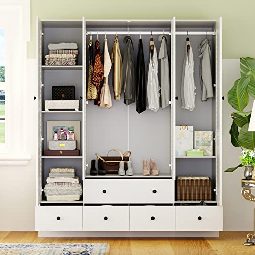 ECACAD Large Wardrobe Armoire with Multi-Tier Shelves, 5 Drawers, Hanging Rod & 4 Louver Doors, Wooden Closet Storage Cabinet for Bedroom, White (59.06”W x 19.06”D x 70.47”H)