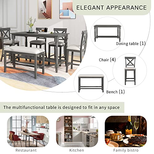 UBGO 6 6,6-Piece Counter Height Set Table with Shelf 4 Chairs and Bench for for Kitchen, Dining Room,Breakfast Corner, Gray-b