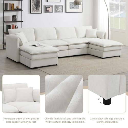 Modular Sectional Sofa U Shaped Sofa Couches with 2 Ottoman, Modern Chenille L Shaped Comfy Cloud Couch Living Room Set, 6-Seater Deep Modular Sectional Corner Couch with Double Cushions, Cream
