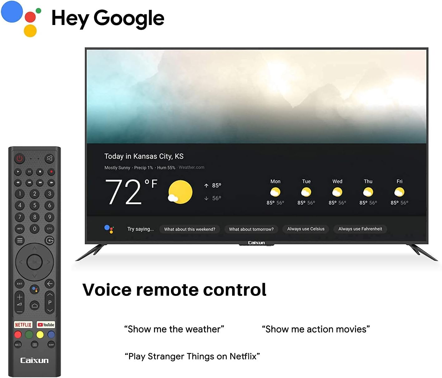 Caixun EC50S1A, 50 inch 4K UHD HDR Smart Android TV with Google Assistant (Voice Control), Screen Share, HDMI, USB, Wi-Fi, Bluetooth(2021 Model)