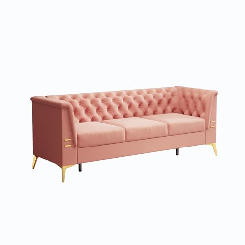 83.46'' Modern Chesterfield Velvet Sofa 3 Seater Fashion Couch with Gold Metal Legs Couches for Office,Living Room,Apartment,Furniture (83.46" White)