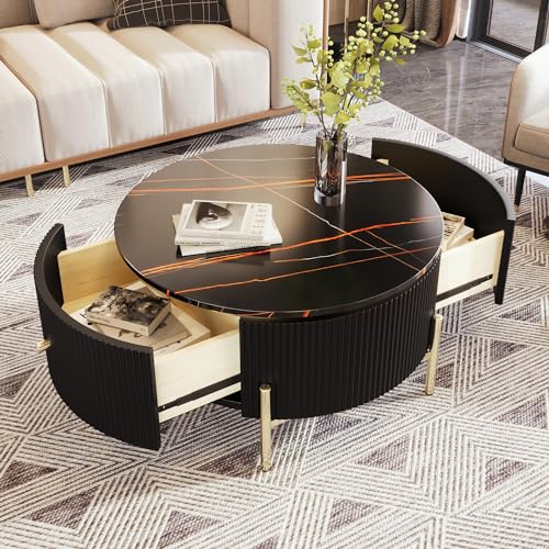 Modern Round Lift-top Nesting Coffee Tables with 2 Drawers for Living Room White & Natural