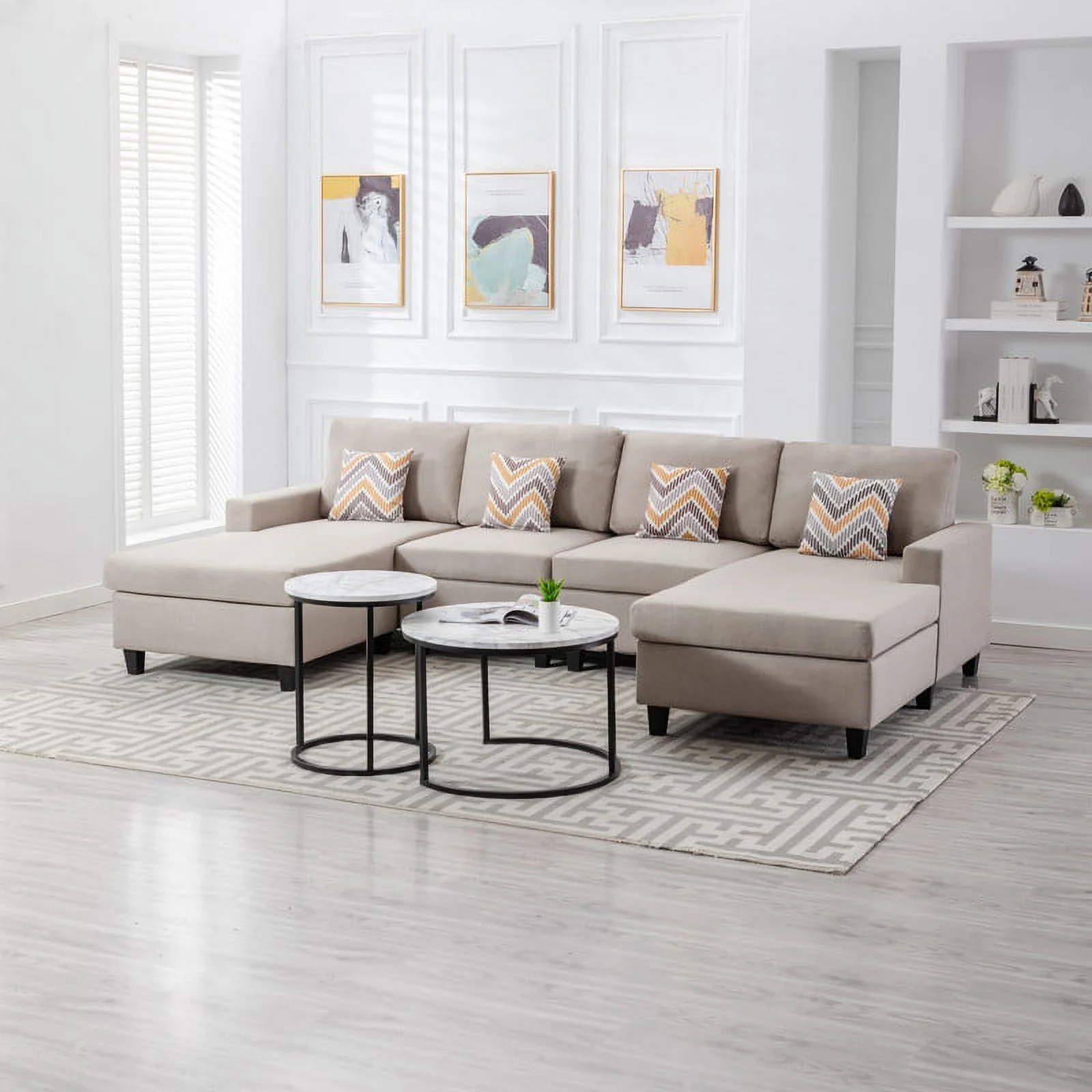 Lilola Home Nolan Linen Fabric 4Pc Double Chaise Sectional Sofa with Pillows and Interchangeable Legs-Color:Beige
