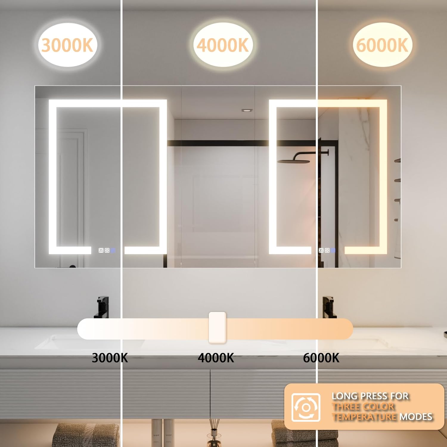 ExBrite LED Lighted Bathroom Medicine Cabinet with Mirror, 60 x 30 Inch, led Medicine Cabinet with Extra Closed Storage Cabinet,Defog, Stepless Dimming,Color Temper Change, 2 Outlets,Storage Shelves