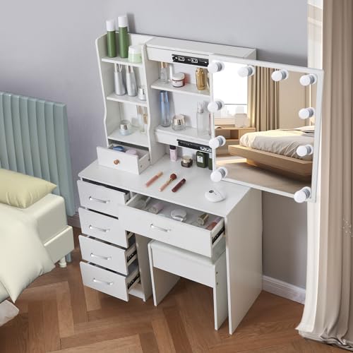 Makeup Vanity Desk with Lights and Mirror Table Set, Small Makeup Vanity with Drawers, Hollywood Lighted Mirror, White Vanity with Storage Shelves, Makeup Vanity Table Bedroom