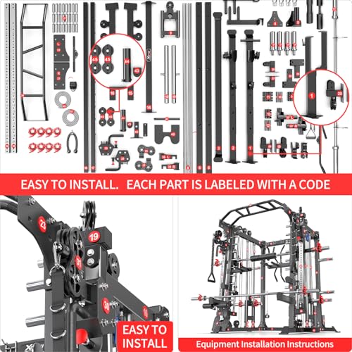 L05/07 Smith Machine，Multi-Function Squat Rack Power Cage with Cable Crossover System,with Weight Bench, Olympic Barbell Weight Set, for Home Gym