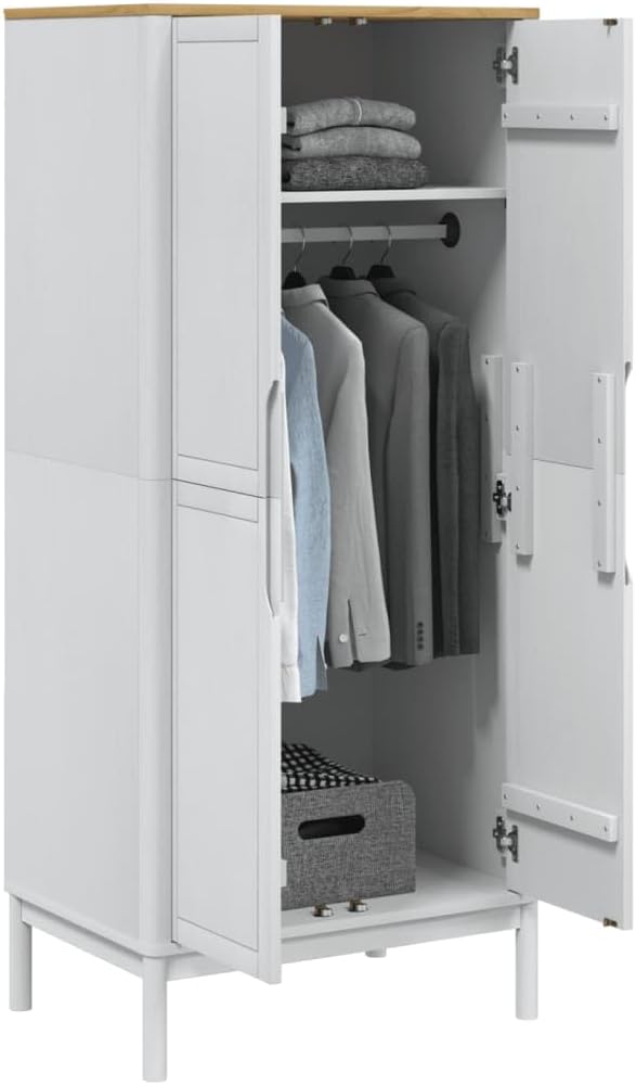 vidaXL Wardrobe Floro - Solid Pine Wood, White Finish, 30.3"x20.9"x67.3", Spacious Storage with Clothes Rail and Practical Doors