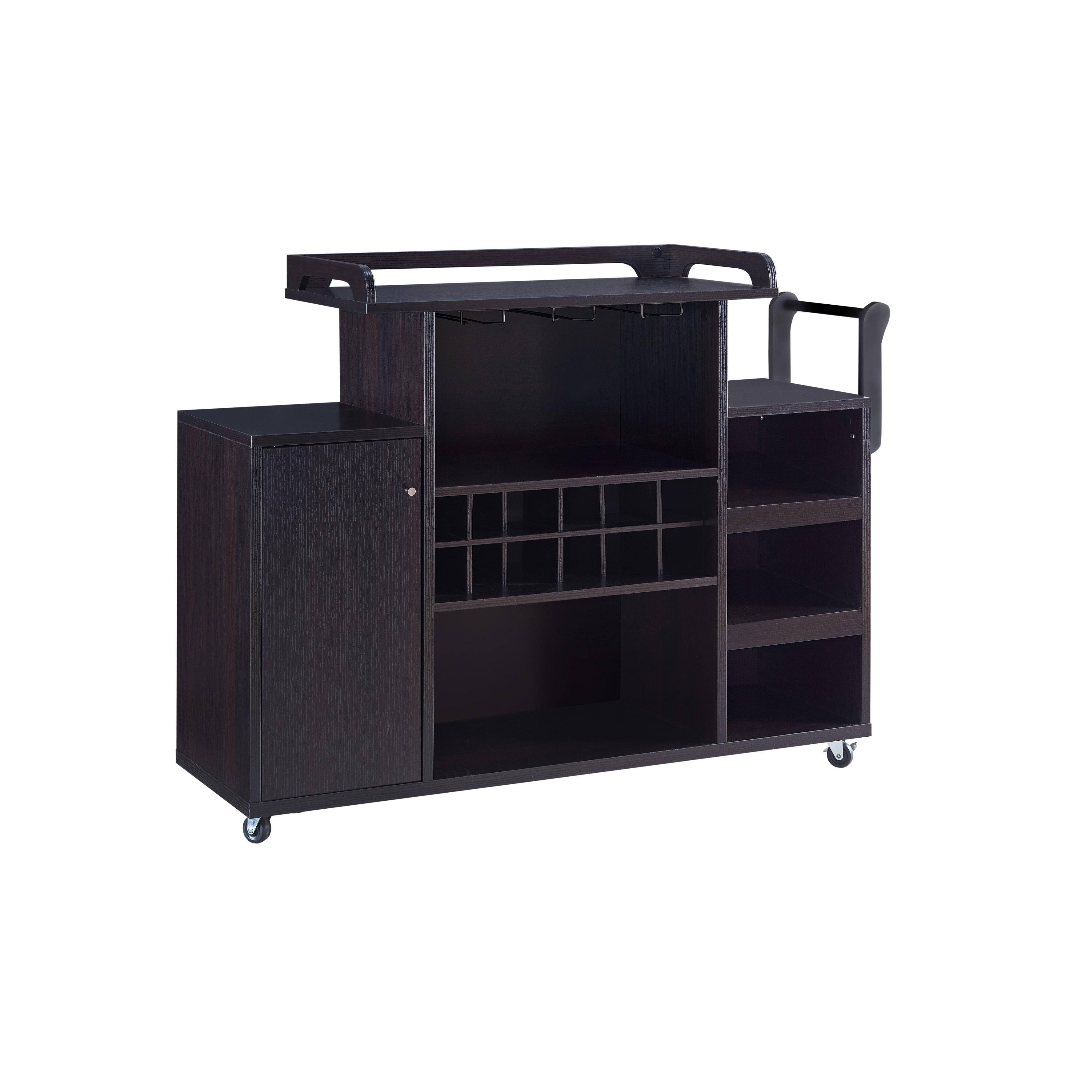 Benjara BM214715 Casters Supported Wooden Buffet Cart with Wine Rack and 1 Door Cabinet, Brown