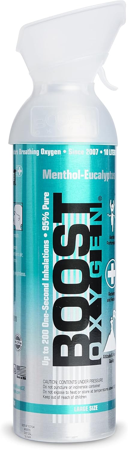 6 Pack Large 10-Liter Boost Oxygen Portable Pure Canned Natural Oxygen Canister Bottle for High Altitudes, Athletes, and More, Menthol Eucalyptus
