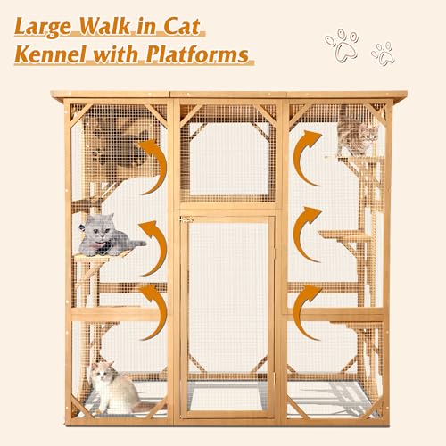 Grepatio Cat Enclosure Large Outdoor Catio Wooden Cat House with Weatherproof, Cat Cage Condo Indoor Playpen with Platform and Small House(Grey)
