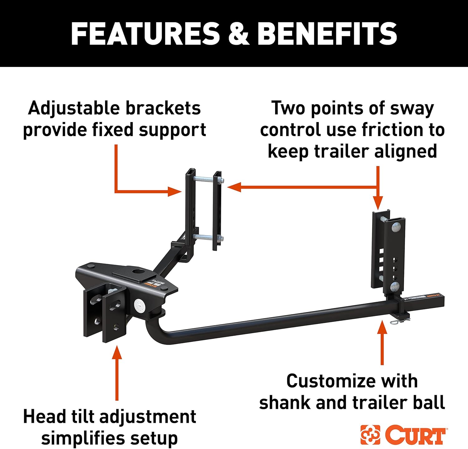 CURT 17600 TruTrack 2P Weight Distribution Hitch with 2X Sway Control, Up to 10K (No Shank or Ball)