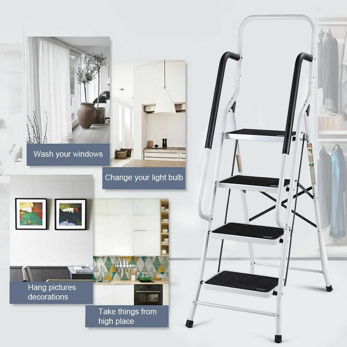 2-in-1 Non-Slip 4 Step Folding Stool Ladder with Handrails