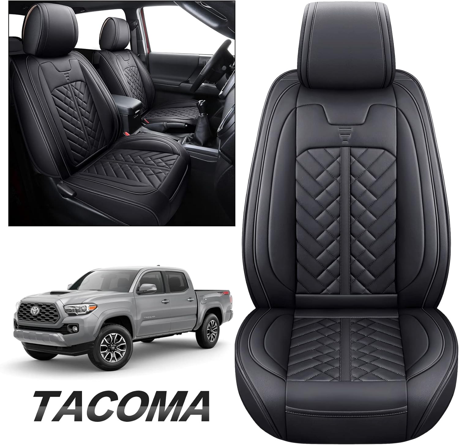 Tomatoman Toyota Tacoma Seat Covers Fit for 2005-2022 Crew Double Cab TRD Off-Road Pro Limited Trail Edition SR5 V6 Pickup Truck Compatible Airbags Car Cushions(Full Set/Black-White)