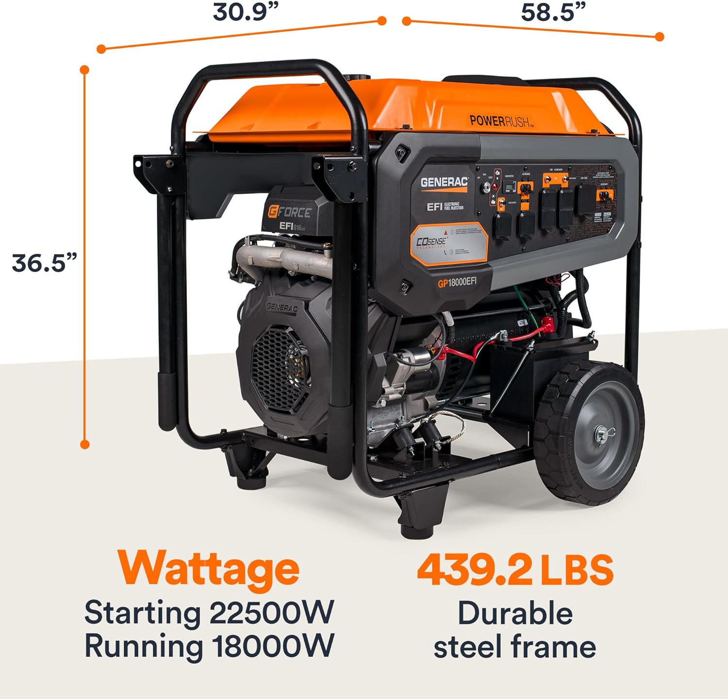 Generac 7706 GP18000EFI 18,000-Watt Gas-Powered Electric-Start Portable Generator with Cosense & EFI Engine, Transfer Switch Compatible