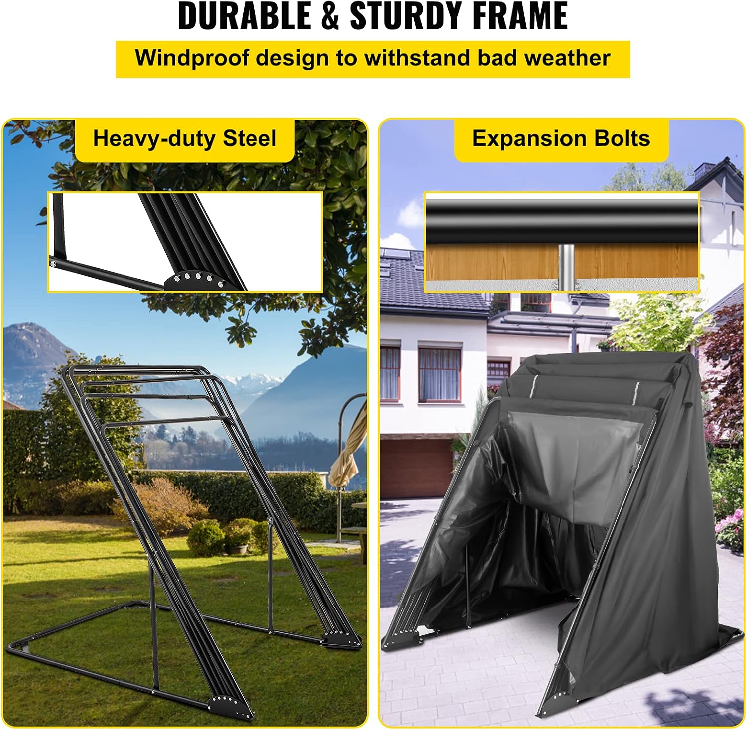 VEVOR Waterproof Motorcycle Cover,Motorcycle Shelter,Heavy Duty Motorcycle Shelter Shed, 600D Oxford Motorbike Shed Anti-UV, 106.3"x41.3"x61" Black Shelter Storage Garage Tent w/Lock & Weight Bag
