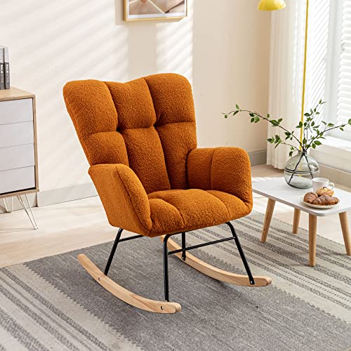 Rocking Chair, Wool Upholstered Glider Rocker with High Backrest, Padded Seat and Curved Legs for Living Room Bedroom Offices, Ergonomic Tufted Armchair Mid Century Style, Ivory White