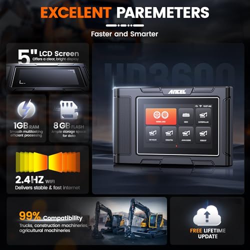 ANCEL HD3600 Heavy Equipment Diagnostic Tool with DPF Regen, Full System Heavy Duty Truck Scanner Machinery Scan Tool Diesel Code Reader Fit for Cummins, Caterpillar, John Deere, Komatsu, Yanmar&Case