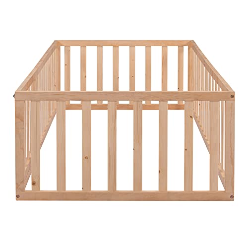 Twin Size Floor Bed Frame Compatible with Toddler Montessori Floor Beds with Fence Railings Compatible with, Twin Size Playhouse Bed Compatible with Boys Girls, Natural,bed frame