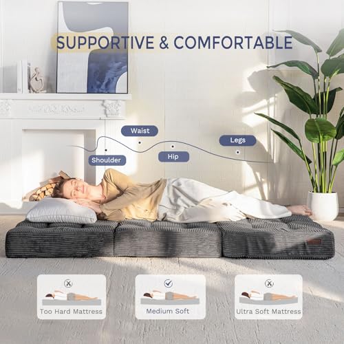 MAXYOYO Tri-Fold Mattress, 6 Inch Tufted Folding Mattress Full Foam Bed, Foldable Floor Mattress Guest Bed Mattress Topper Portable Camping Sleeping Bed with Corded Fabric, Black, 53"x75"