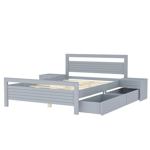 Merax Queen Size Wooden Platform Bed with 2 Storage Drawers and 2 Bedside Tables, Gray