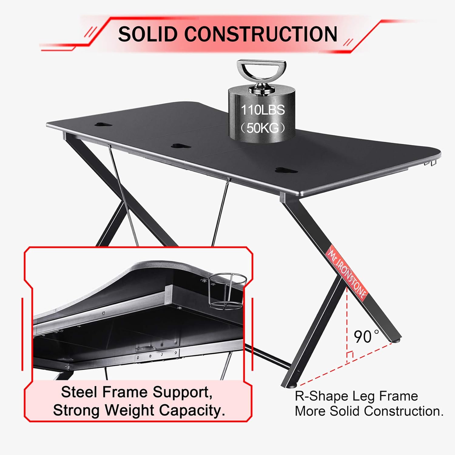 Mr IRONSTONE Large Gaming Desk 63 W x 32 D Home Office Computer Table, Black Gamer Workstation with Cup Holder, Headphone Hook and 3 Cable Management Holes