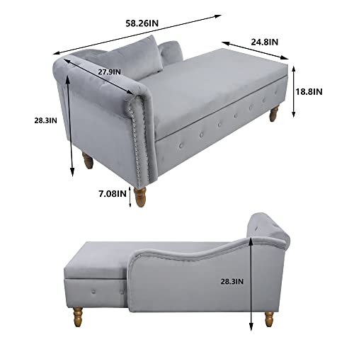 58" Modern Velvet Chaise Lounge Indoor,Upholstered Lounge Chair with Storage & Pillow, Rolled Arm Lounge Sofa for Living Room Bedroom Office (Gray)