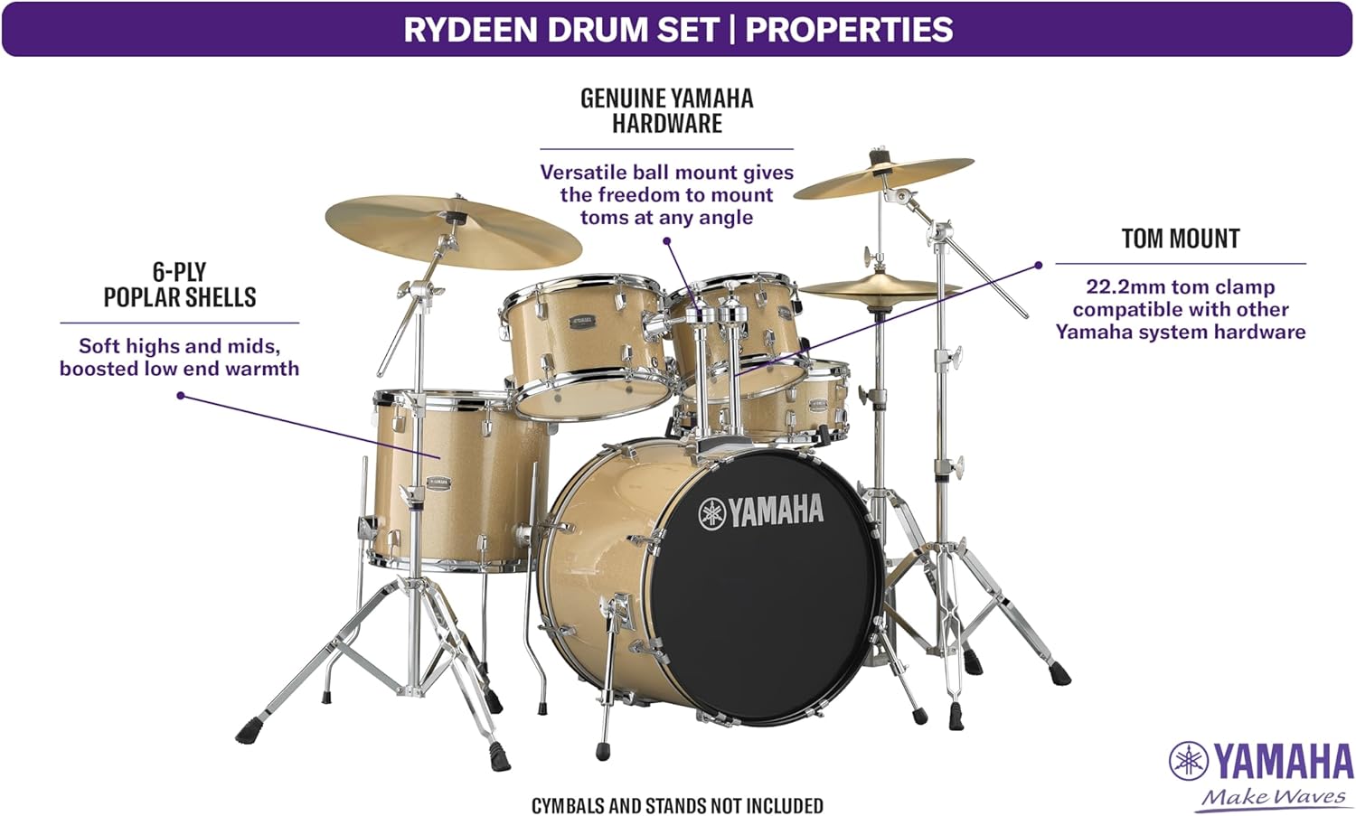 Yamaha Rydeen 5-Piece Drum Set With 22" Bass Drum, Floor Tom, 2 Toms With Ball Clamp And Wood Snare Drum, Champagne Glitter