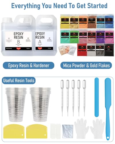 4 Gallon Epoxy Resin Kit for Beginners, Resin Kit with 72 Mica Powder, Foil Flakes, Measuring Cups, Sticks - Resin Epoxy for Casting, Coating, Art Craft, River Table, DIY Resin Coasters
