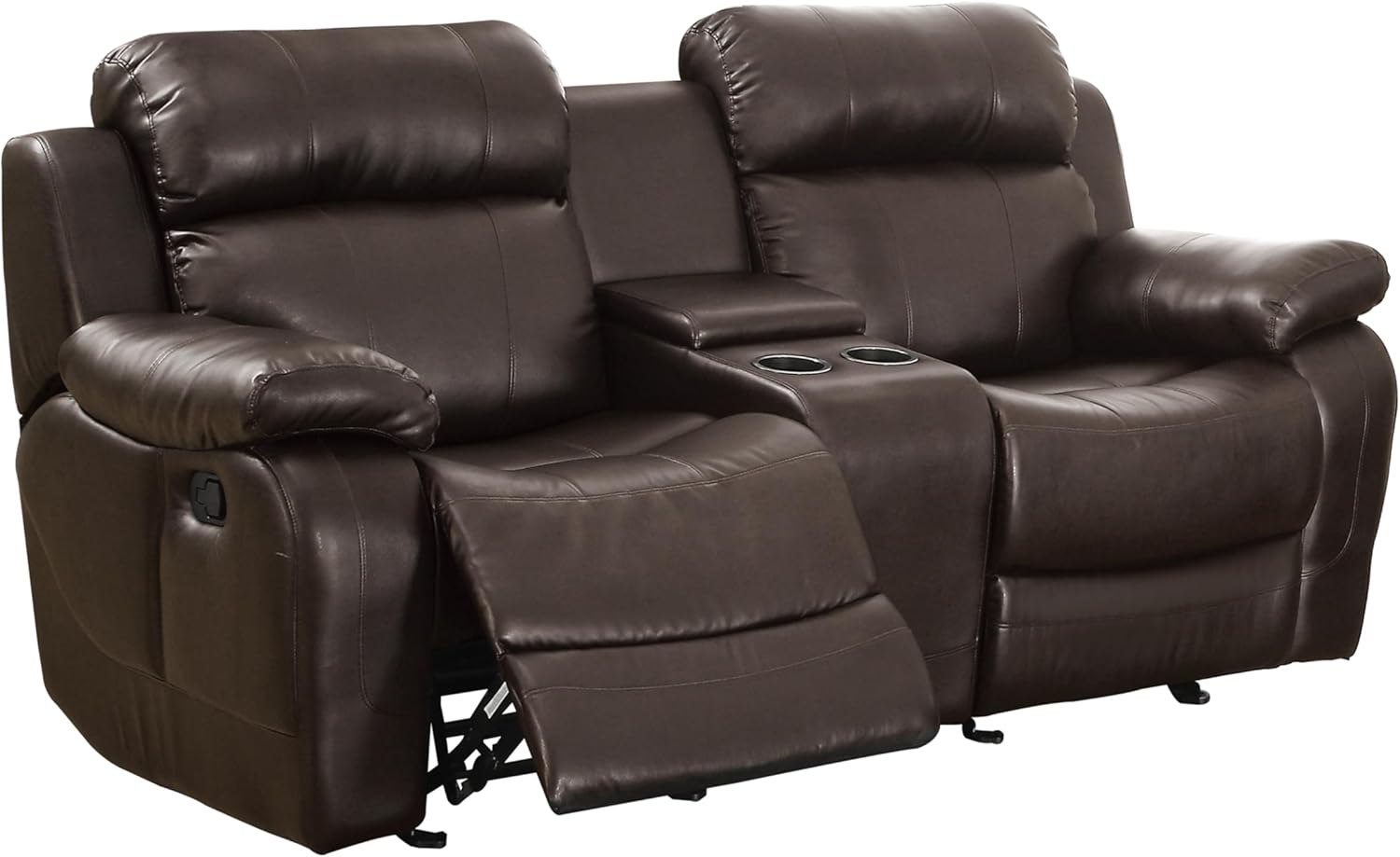 Double Glider Reclining Love Seat with Center Console Brown Faux Leather Upholstered Contemporary Living Room Furniture