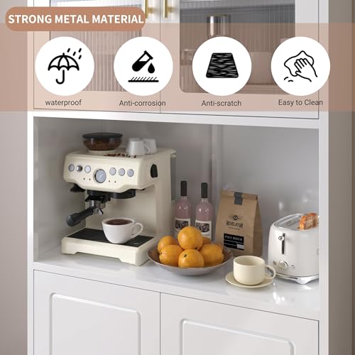Kitchen Pantry Cabinet with Acrylic Glass Doors, 75" Metal Kitchen Hutch with Countertop, Adjustable Shelves, Freestanding Food Pantry Cabinet for Living, Dining Room, Black, Assembly Required