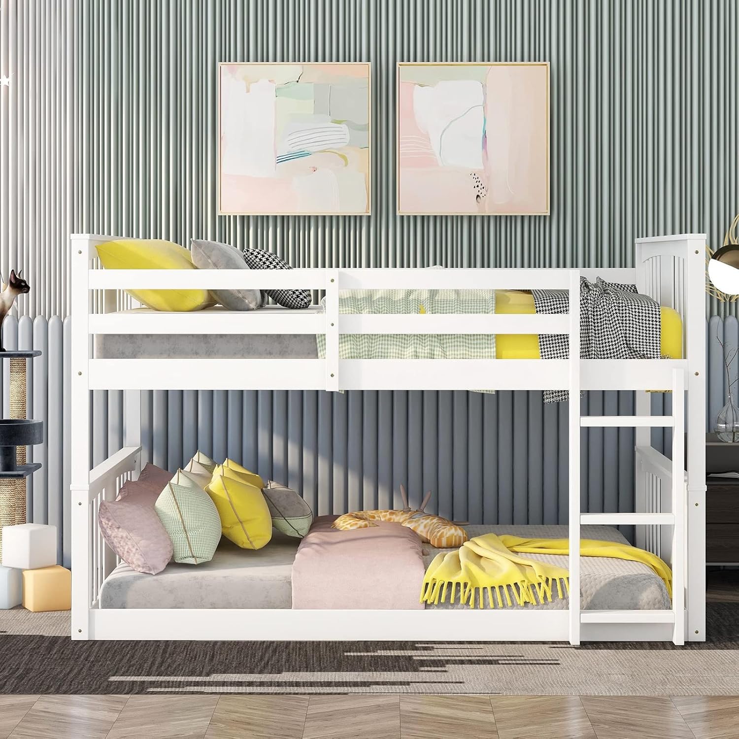 Twin Bunk Beds Low Bunk Bed Frame Wood Twin over Twin Bunkbed for Kids Toddlers Boys Girls Bedroom, White