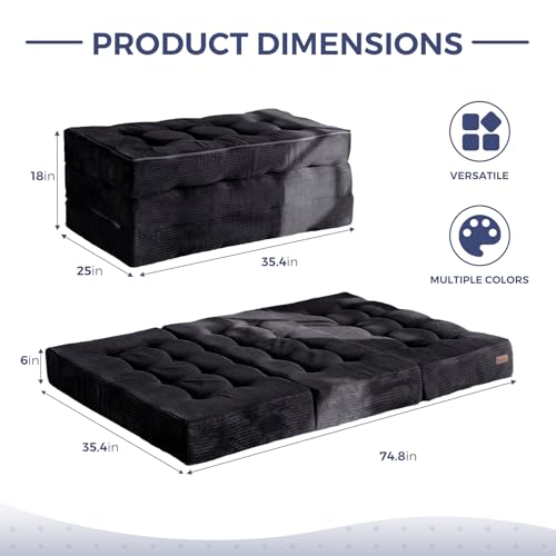 MAXYOYO Tri-Fold Mattress, 6 Inch Tufted Folding Mattress Full Foam Bed, Foldable Floor Mattress Guest Bed Mattress Topper Portable Camping Sleeping Bed with Corded Fabric, Black, 53"x75"