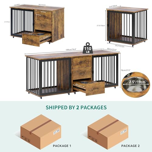 YITAHOME 74" Double Dog Crate Furniture with 2 Feeder Bowls, Wooden Dog Kennel TV Stand with Room Divider for 2 Large Medium Small Dogs, Walnut White