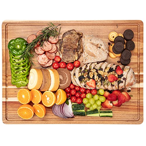 Extra Large Acacia Wood Cutting Board, 24x18 Inch Large Butcher Block Chopping Board with Handle and Juice Groove, Carving Board for Turkey, Meat, Vegetables, BBQ