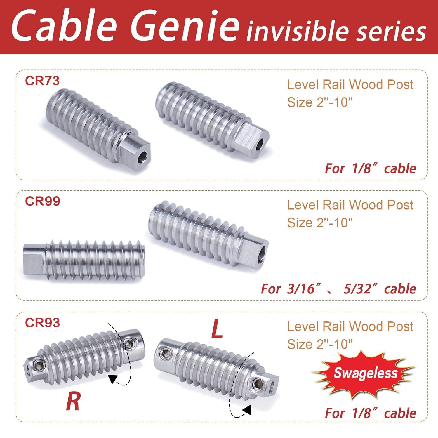 Muzata 40Pack 3/16" Invisible Cable Railing Kit Swage Lag Screw Tensioner CableGenie System Completely Hidden for Wire Rope Wood Posts T316 Stainless Steel 20 Cable Line CR99, CV1 CG1