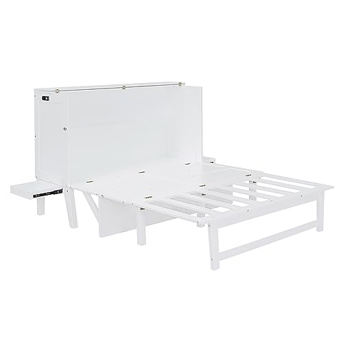 Queen Size Murphy Bed with Bookcase,Foldable Platform Bed Folded into Cabinet, Wood Murphy Bed Frame with Storage Drawer and Bedside Shelves Compatible with Bedroom,Small Space(White) ，Queen Bed