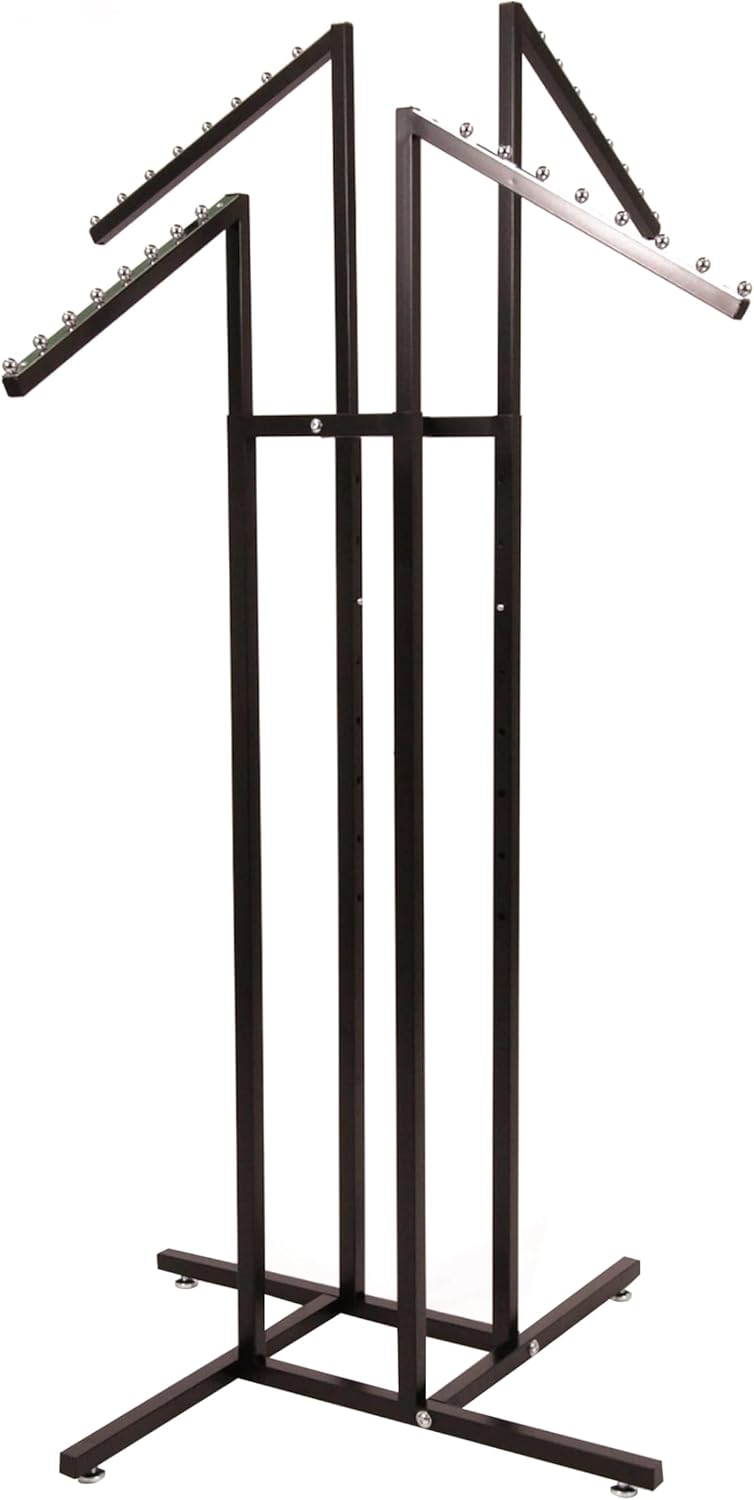 SSWBasics Black 4 Way Adjustable Clothing Rack with Slanted Arms - Retail Clothing Rack Display - Adjustable Height Arms from 48" to 72" Perfect for Clothing Stores