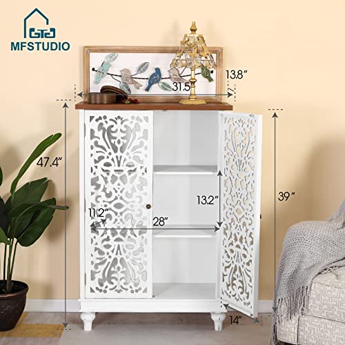 MFSTUDIO Small Accent Storage Cabinet with 1 Door, Farmhouse Hollow-Carved Floral Distressed Decorative Wood Cabinet Nightstand Side Table Sofa Table for Living Room, 13.8" Dx18.9 Wx31.5 H, White