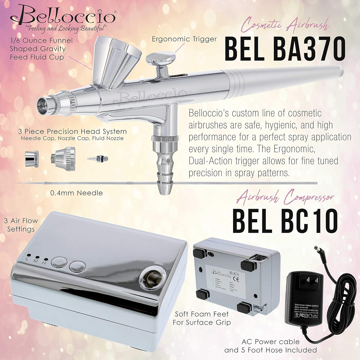 Belloccio Professional Beauty Deluxe Airbrush Cosmetic Makeup System with 4 Fair Shades of Foundation in 1/2 oz Bottles - Kit includes Blush, Bronzer and Highlighters