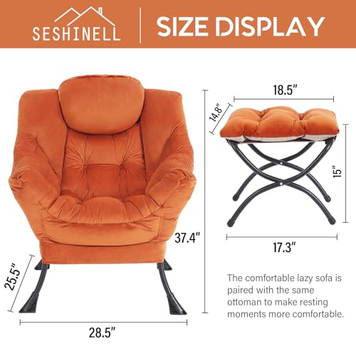 Lazy Chair with Ottoman, Modern Accent Chair Contemporary Lounge Leisure Sofa Chair with Armrests, Reading Chair and Folding Footstool Set for Living Room, Bedroom, Office, White Grey