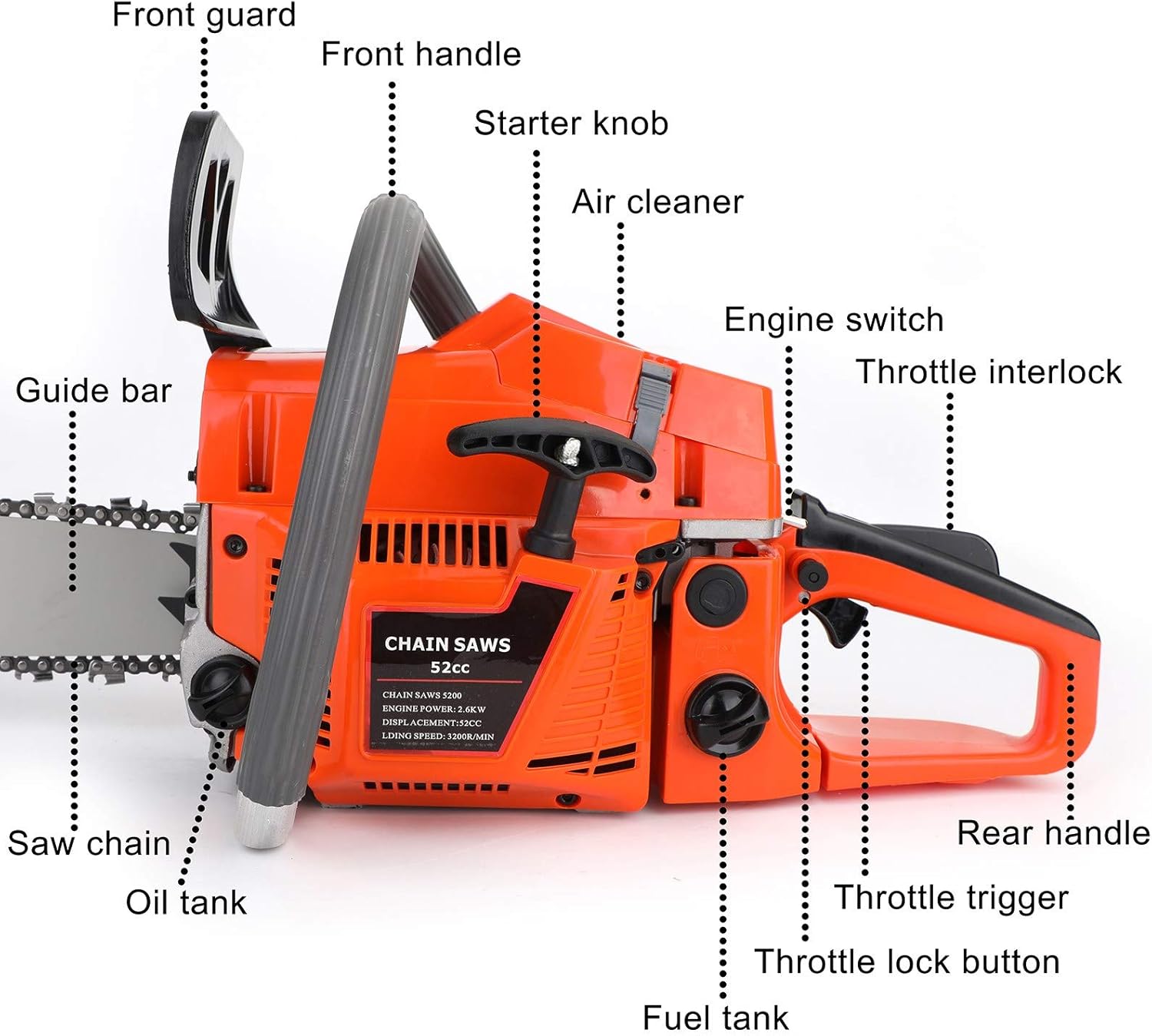 Topteng Gasoline Chainsaw 22 Inch, 52cc Gas Chainsaw 22" Bar Powered Engine 2 Cycle Gasoline Chain Saw, Orange