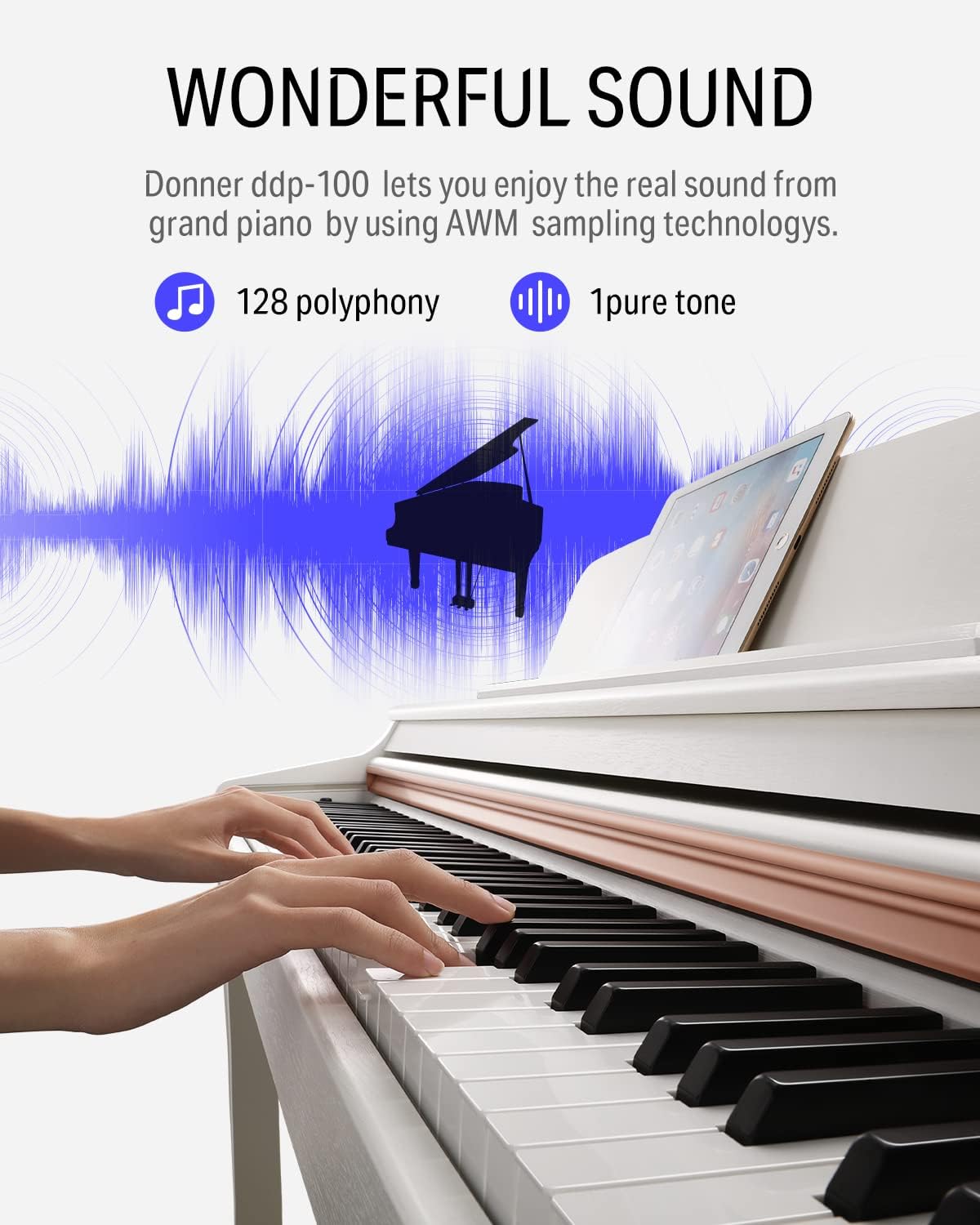 Donner DDP-100 88-Key Weighted Action Digital Piano, Beginner keyboard piano Bundle with Furniture Stand, Power Adapter, White