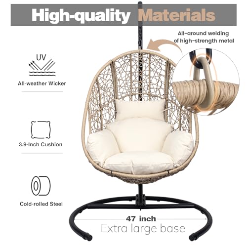 Egg Swing Chair with Stand up to 400lbs, Oversized Outdoor Hanging Egg Chair with Extra Large Round Base, All Weather Wicker, Rain Cover, Waterproof Cushion, UV Resistant