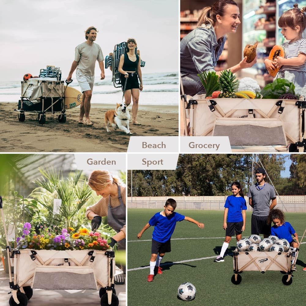 400L Collapsible Folding Double Decker Beach Wagon |Heavy Duty Utility Cart Extender|Supports 450lbs|All-Terrain Big Wheels with Breaks for Sports Camping (Beige/Beige)