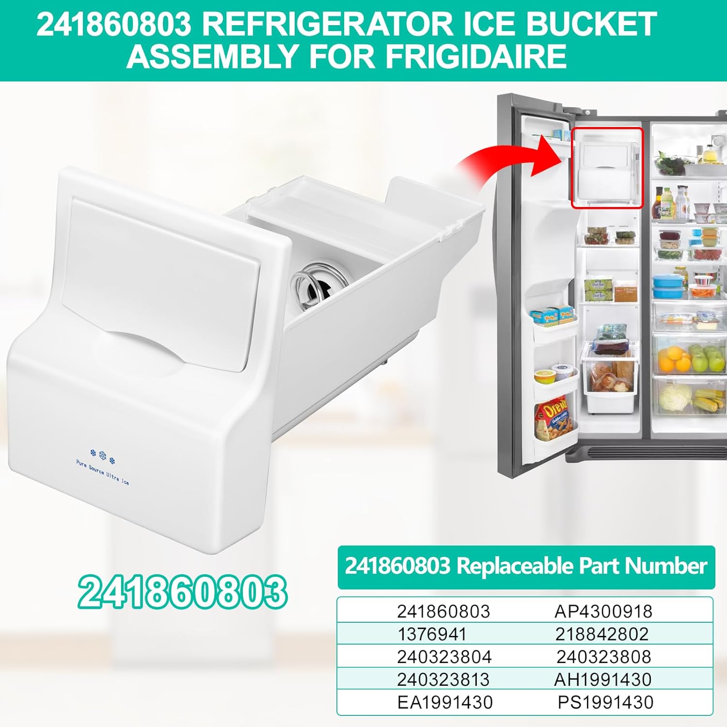 Upgraded 241860803 Refrigerator Ice Bucket Assembly Compatible with Frigidaire Ice Maker Replacement Ice Bin Container Parts AP4300918 LFSS2612TF0 LFSS2612TE0 FFSS2615TS0 FFHS2611PFEA Ice Maker
