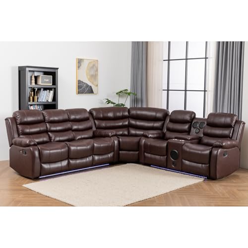 Manual Reclining Sectional Couch with LED Light Multi-Functional Sofa with Recliner Seat,Stereo, Storage,Cup Holders,USB,PU Leather L-Shaped Sofa,9 Seater for Living Room- White