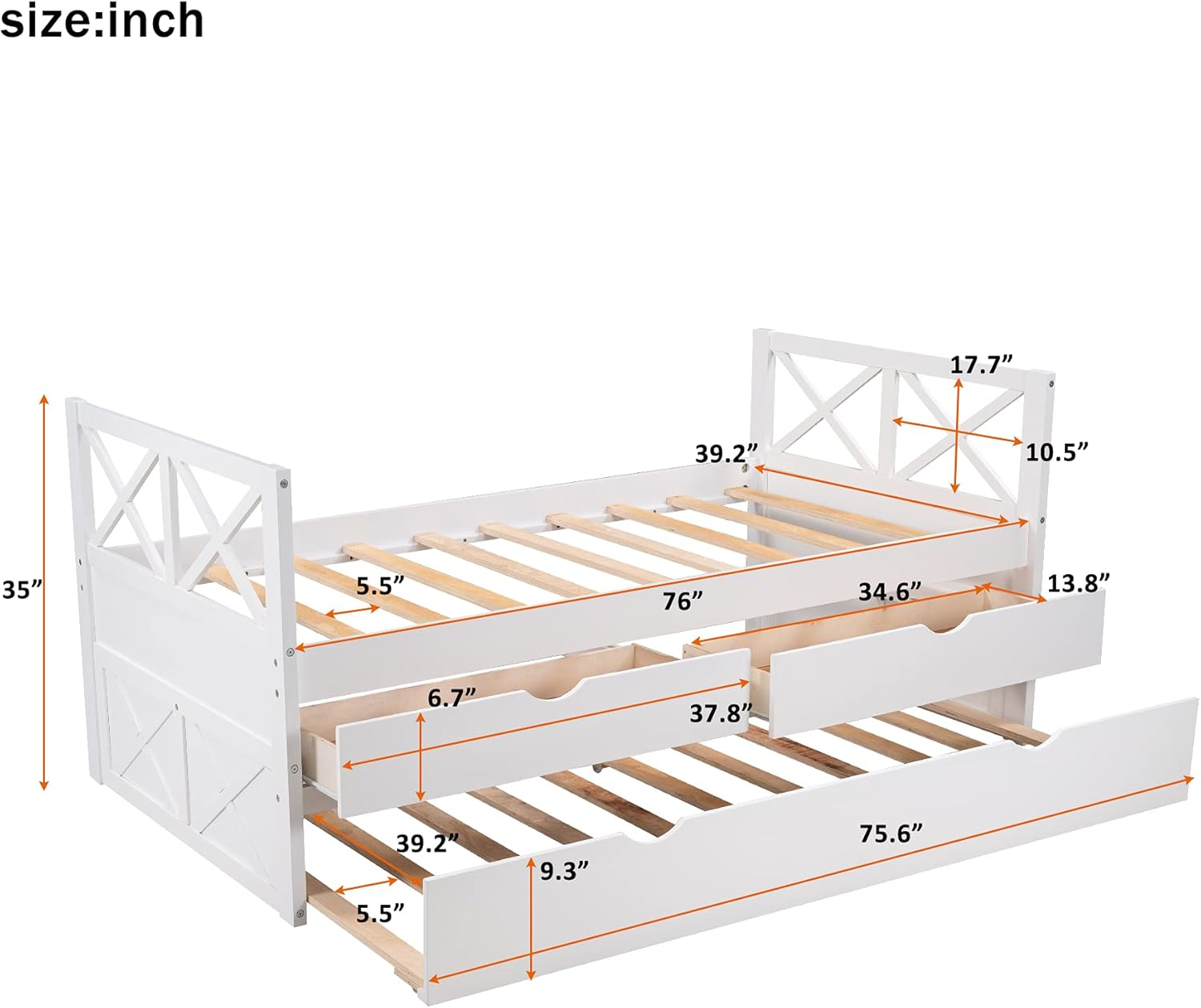 Twin Captain's Bed, Twin Daybed with Trundle and 2 Storage Drawers, Wood Twin Platform Bed Frame with Headboard and Footboard for Kids Teens Adults, No Box Spring Need, Easy Assembly, White